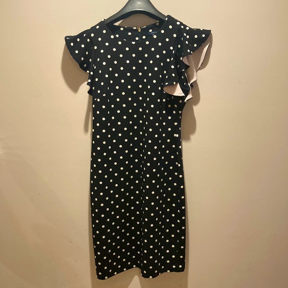 Black & white polka dot Tommy Hilfiger Flutter Sleeve Scuba dress, size 10.
